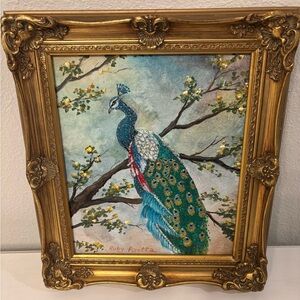 🦚 Vintage Hand Painted Signed Peacock picture in Gold Frame. 15x13 🦚